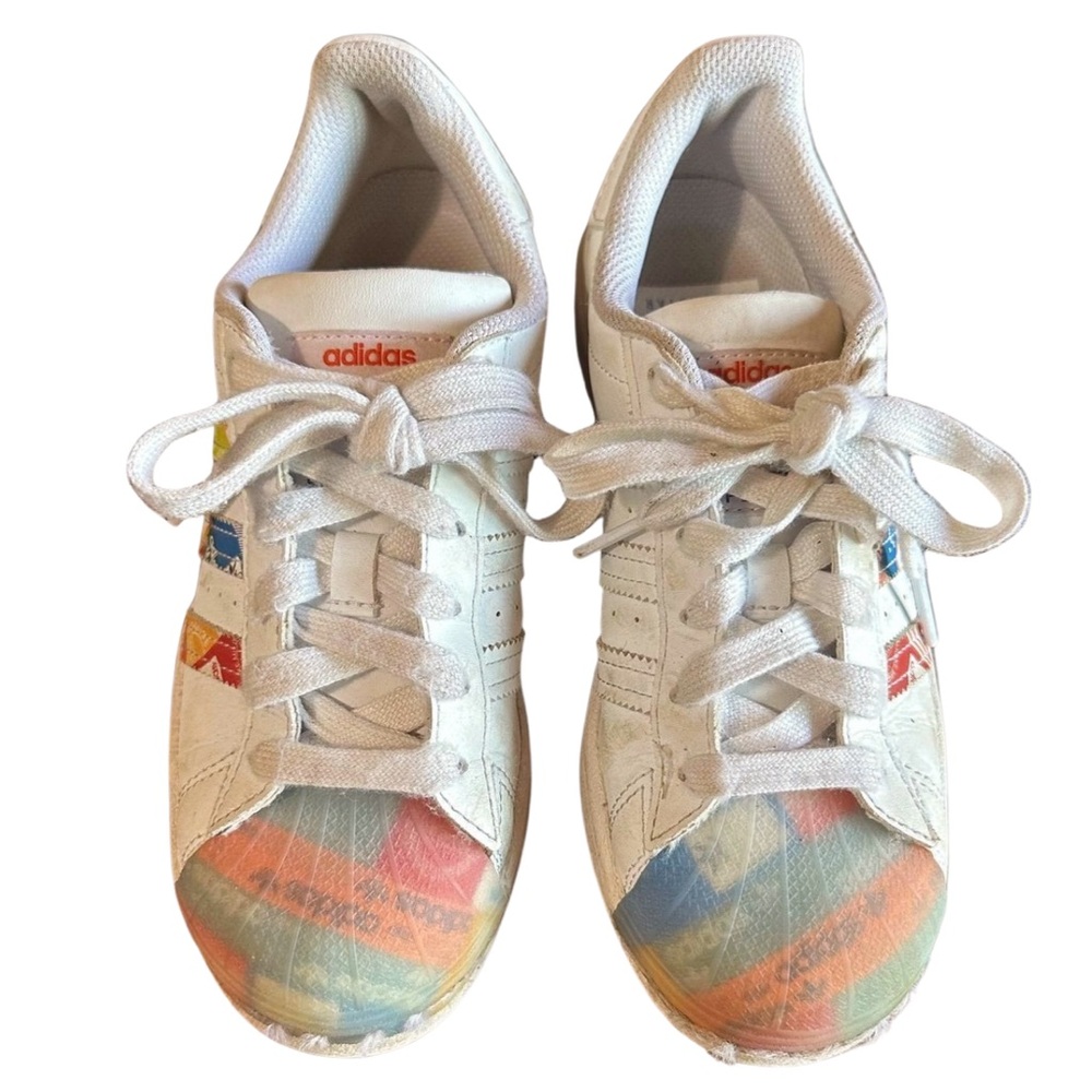 Adidas Superstar Youth 3.5Y White Sneakers w/ Colorful Stamp Toe & Stripe Design